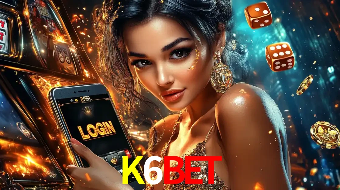 Mulher glamourosa segurando um celular com a tela de login do cassino K6BET, rodeada por dados e moedas douradas, pronta para começar a diversão.