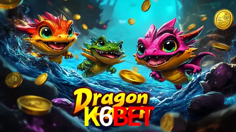 Arte promocional do jogo Dragon Hatch com três adoráveis dragões bebês nadando entre moedas de ouro, um dos slots mais divertidos para jogar no cassino K6BET.