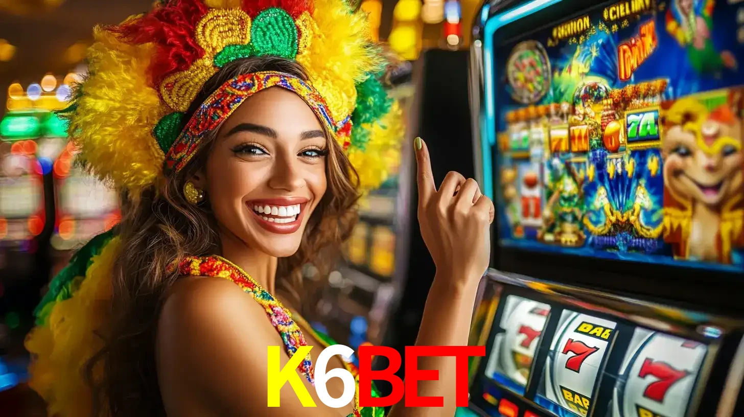 Mulher animada com um cocar de carnaval apontando para uma máquina de caça-níqueis, mostrando a emoção de ganhar um grande prêmio nos jogos do K6BET.