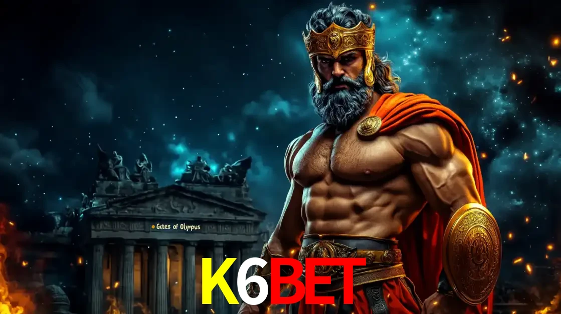 O poderoso Zeus do jogo de slot Gates of Olympus em frente ao seu templo, pronto para lançar multiplicadores divinos e prêmios épicos no cassino online K6BET.