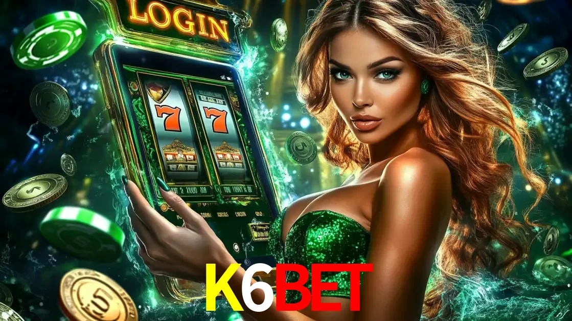 Mulher com tema verde apresentando o aplicativo do cassino K6BET com um jogo de slot de 777, cercada por fichas de cassino e uma aura de sorte.