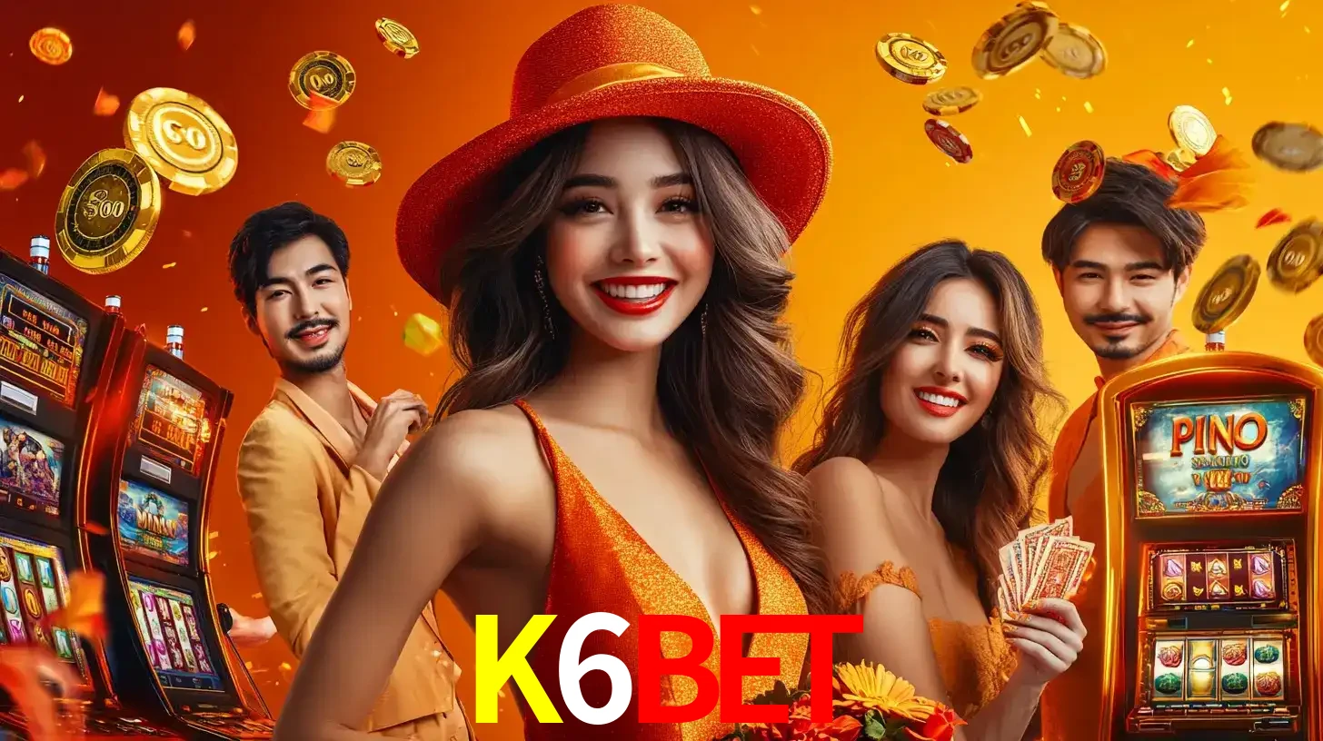 Grupo de amigos asiáticos sorrindo e se divertindo com máquinas de caça-níqueis em um ambiente festivo, celebrando suas vitórias nos jogos de cassino do K6BET.