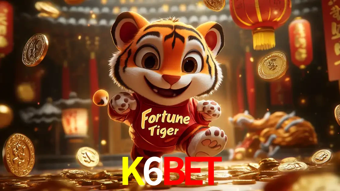 O alegre personagem do Fortune Tiger correndo sobre um caminho de moedas de ouro, simbolizando os grandes prêmios e a diversão do popular jogo de slot do K6BET.