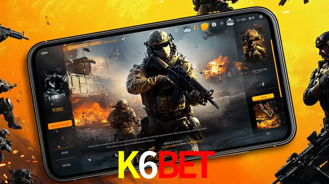 Um smartphone exibindo a interface de um jogo de tiro em primeira pessoa, com um soldado em um cenário de batalha, representando a ação dos e-sports para apostar no K6BET.