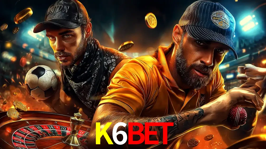 Montagem de apostas esportivas e cassino no K6BET, com um homem segurando uma bola de futebol e outro uma de beisebol sobre uma roleta e moedas voadoras.