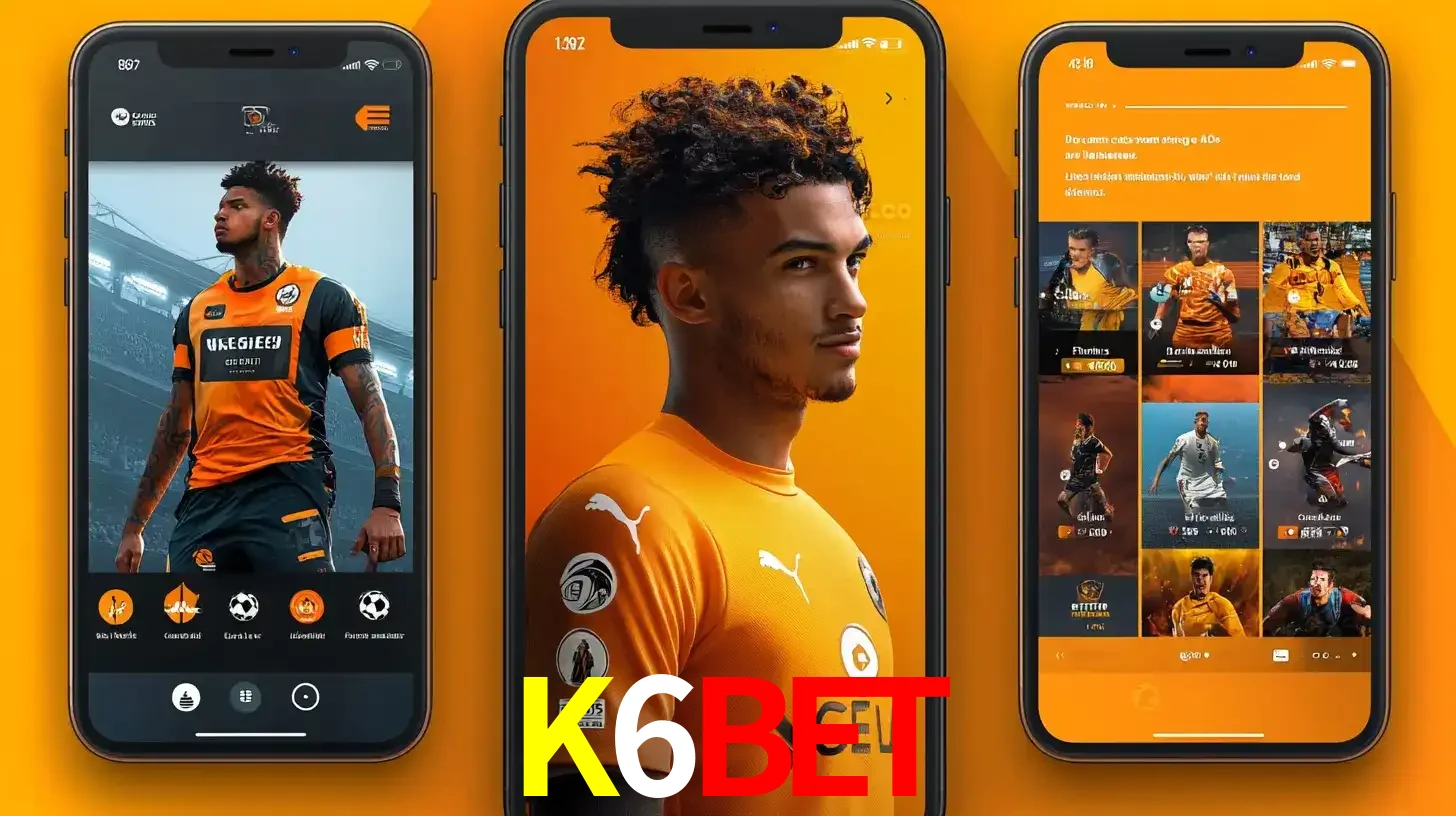 Interface do aplicativo de apostas esportivas K6BET em três telas de celular, mostrando o perfil de um jogador de futebol e a lista de jogos disponíveis para apostar.