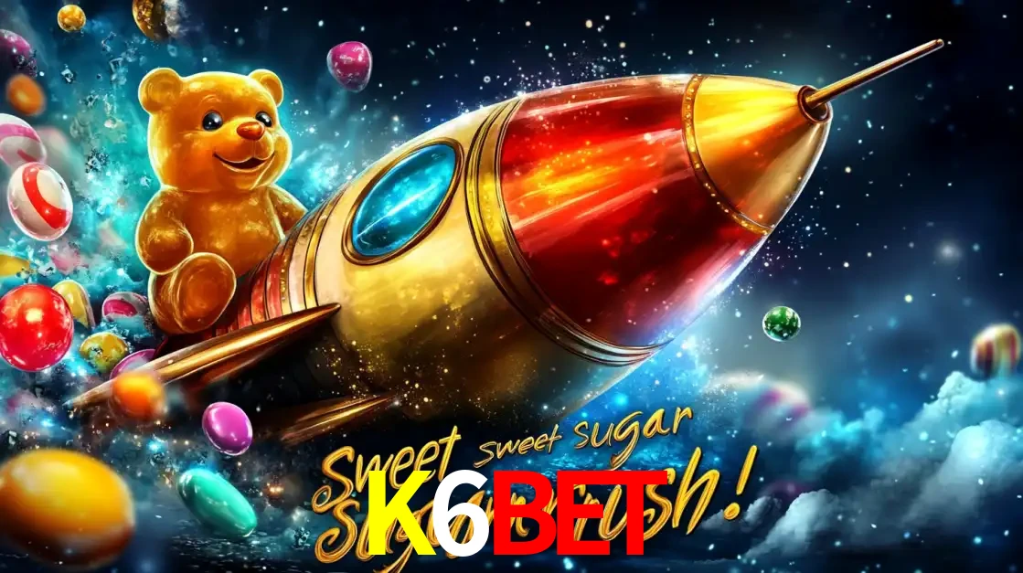 Arte promocional do jogo de slot Sugar Rush, com um urso de pelúcia em um foguete viajando pelo espaço de doces, um dos jogos divertidos disponíveis no cassino K6BET.
