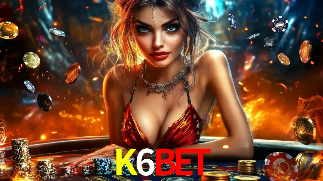 Mulher em uma mesa de cassino com pilhas de fichas e um fundo de fogo, pronta para uma rodada de altas apostas nos jogos de mesa emocionantes do cassino K6BET.