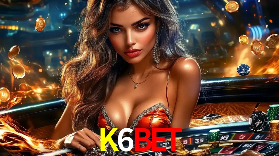 Mulher glamourosa em uma mesa de roleta com um fundo de chamas e moedas voadoras, pronta para fazer sua aposta e ganhar grandes prêmios no cassino ao vivo K6BET.