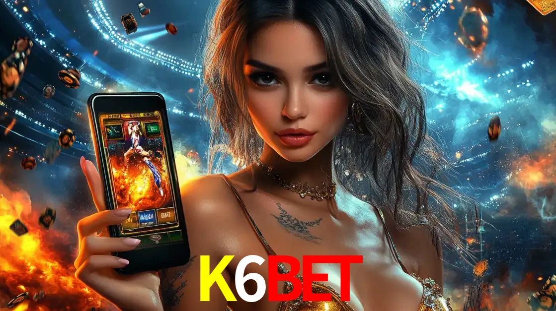 Mulher segurando um celular com um jogo de slot em destaque, tendo como fundo um estádio vibrante, simbolizando a emoção de jogar no cassino móvel K6BET.