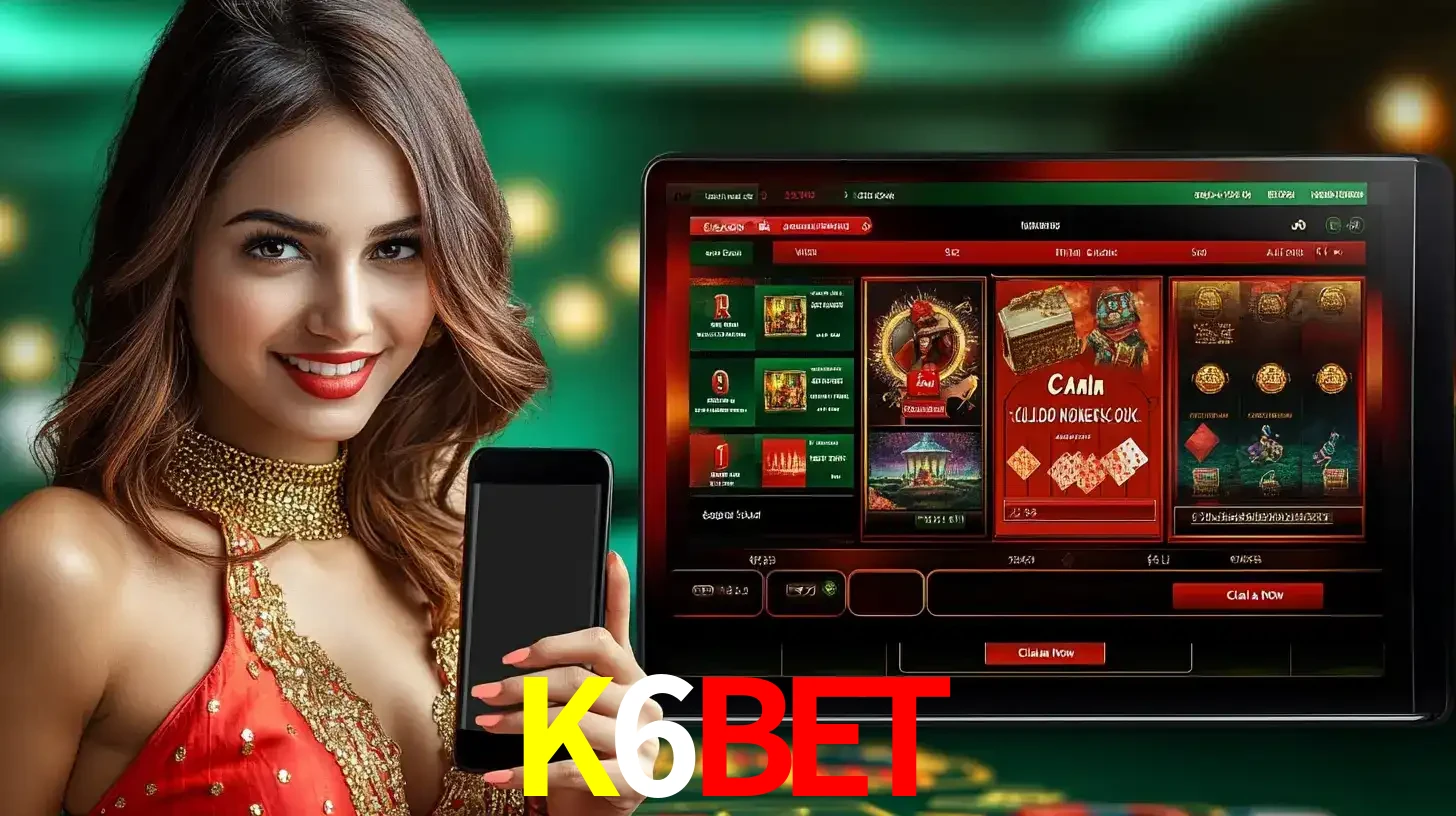 Mulher sorridente segurando um smartphone, ao lado de uma tela exibindo o lobby de jogos do cassino online K6BET, com várias opções de jogos de cartas e slots.